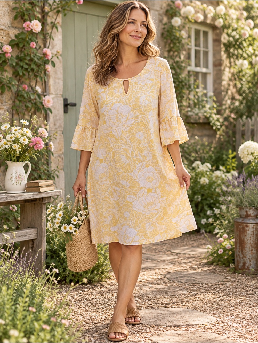 Ruby Rd. Women’s XL Yellow Floral Bell Sleeve Dress A-line Shift Dress